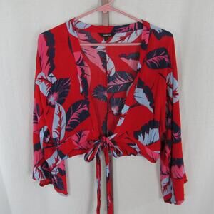 Express XS Tropical Floral Leaf Front Tie Crop Top with Flowy Sleeves Hawaiian